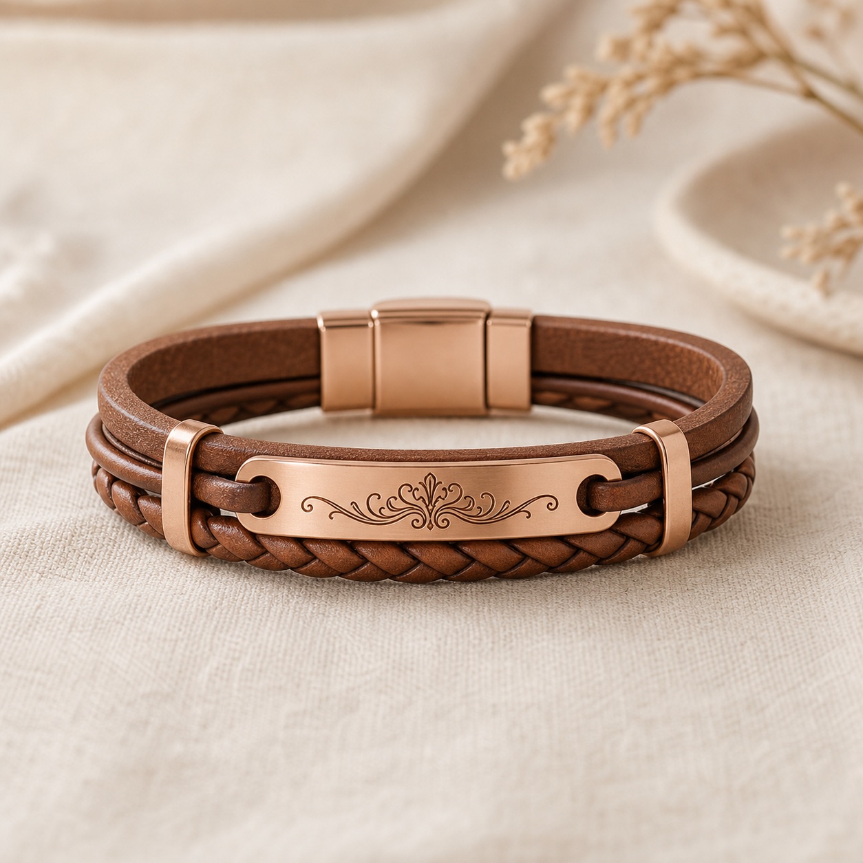 Handmade leather bracelet with engraved detail